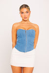 Blue Denim Bustier Boned Lace Back Corset Crop Top