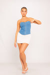 Blue Denim Bustier Boned Lace Back Corset Crop Top