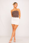 Dark Brown Ribbed Button Front Bandeau Crop Top