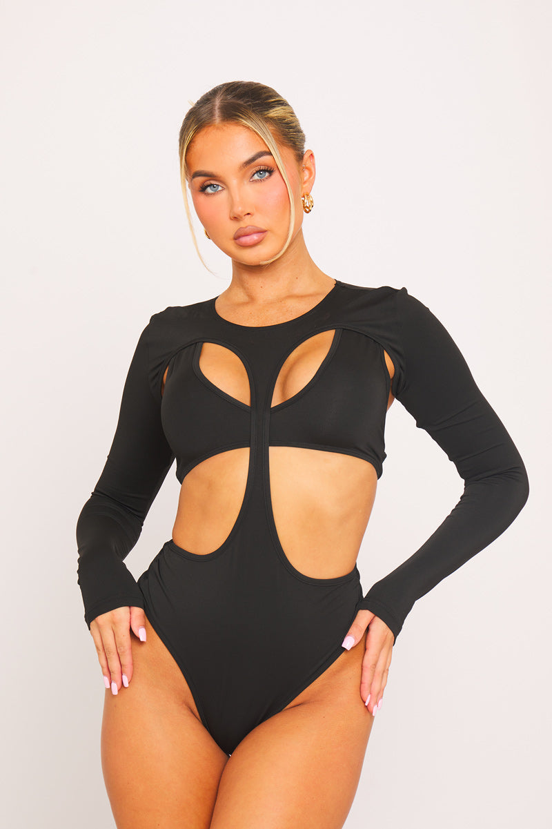 Black Multi Cut Out Long Sleeve Insert Bodysuit