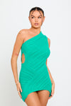 Green One Shoulder Ladder Knit Mini Dress