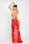 Red Abstract Print Triangle Bikini & Long Maxi Skirt