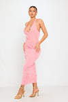 Pink Plunge Halterneck Ruffle Detail Maxi Dress