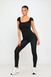 Black Open Back Scoop Neck Cap Sleeve Jumpsuit 