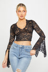 Black Sheer Lace Plunge Flared Sleeve Crop Top