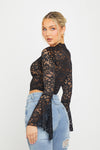 Black Sheer Lace Plunge Flared Sleeve Crop Top