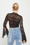 Black Sheer Lace Plunge Flared Sleeve Crop Top