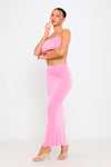 Pink Slinky Ruched Spaghetti Crop Top & Midi Skirt Co-Ord