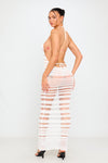White Sheer Knit Stripe Halterneck Backless Midi Dress