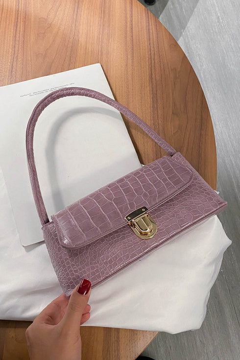 Mauve Crocodile Faux Leather Flap Baguette Bag