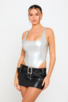 Silver Metallic High Cut Open Back Sleeveless Bodysuit