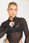 Black Sheer Mesh High Neck Zip Long Sleeve Bodysuit