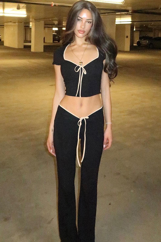 Black Contrast Tie Front Ruched Flared Trousers