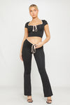 Black Contrast Tie Front Short Sleeve Crop Top