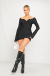 Black Plunge Ruched Long Sleeve Wrap Mini Dress