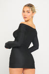 Black Plunge Ruched Long Sleeve Wrap Mini Dress