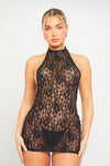 Black Sheer Lace Halter Open Back Mini Dress