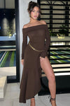 Brown Knit Off Shoulder Tiered Asymmetric Maxi Dress