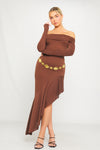 Brown Knit Off Shoulder Tiered Asymmetric Maxi Dress