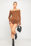 Brown Round Neck Long Sleeve Bodycon Mini Dress