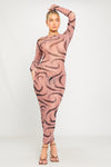 Mocha Sheer Mesh Printed Long Sleeve Maxi Dress