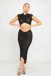 Black High Neck Semi Sheer Knit Ruched Crop Top