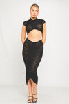 Black High Neck Semi Sheer Knit Ruched Crop Top