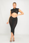 Black Semi Sheer Knit Ruched Maxi Skirt