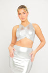 Silver Metallic Ruched Crop Top & Maxi Skirt Co-Ord