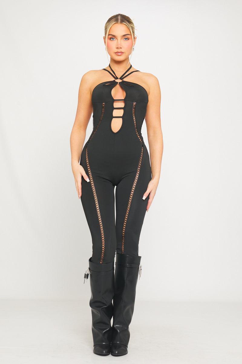 Black Mesh Cut Out Ladder Detail Halterneck Jumpsuit