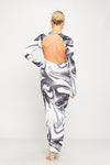 Black Marble Print Open Back Long Sleeve Maxi Dress