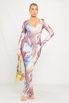 Multi Printed Plunge Tie Back Long Sleeve Maxi Dress