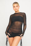 Black Sheer Ruched Drawstring Long Sleeve Mini Dress