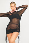 Black Sheer Ruched Drawstring Long Sleeve Mini Dress