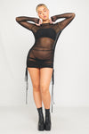 Black Sheer Ruched Drawstring Long Sleeve Mini Dress