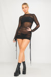 Black Sheer Ruched Drawstring Long Sleeve Mini Dress