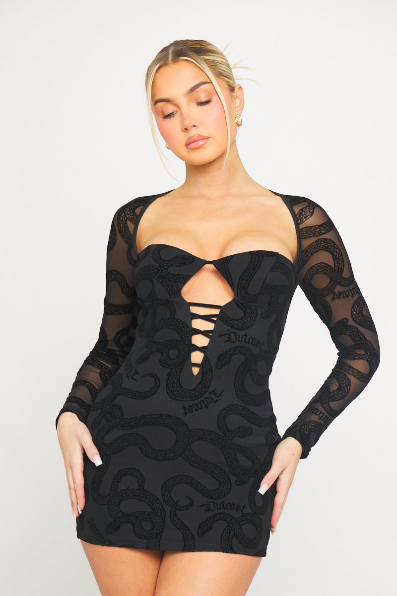 Black Snake Print Bustier Sheer Sleeve Mini Dress