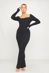 Black Ribbed Scoop Neck Plunge Long Sleeve Maxi Dress