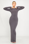 Dark Grey Ribbed Round Neck Long Sleeve Maxi Dress