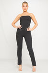 Black Ribbed Bandeau Split Flared Hem Jumpsuit