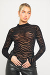 Black Zebra Embossed High Neck Long Sleeve Bodysuit