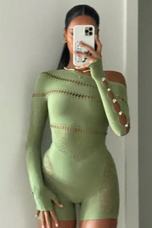 Green Mesh Cut Out Off Shoulder Playsuit