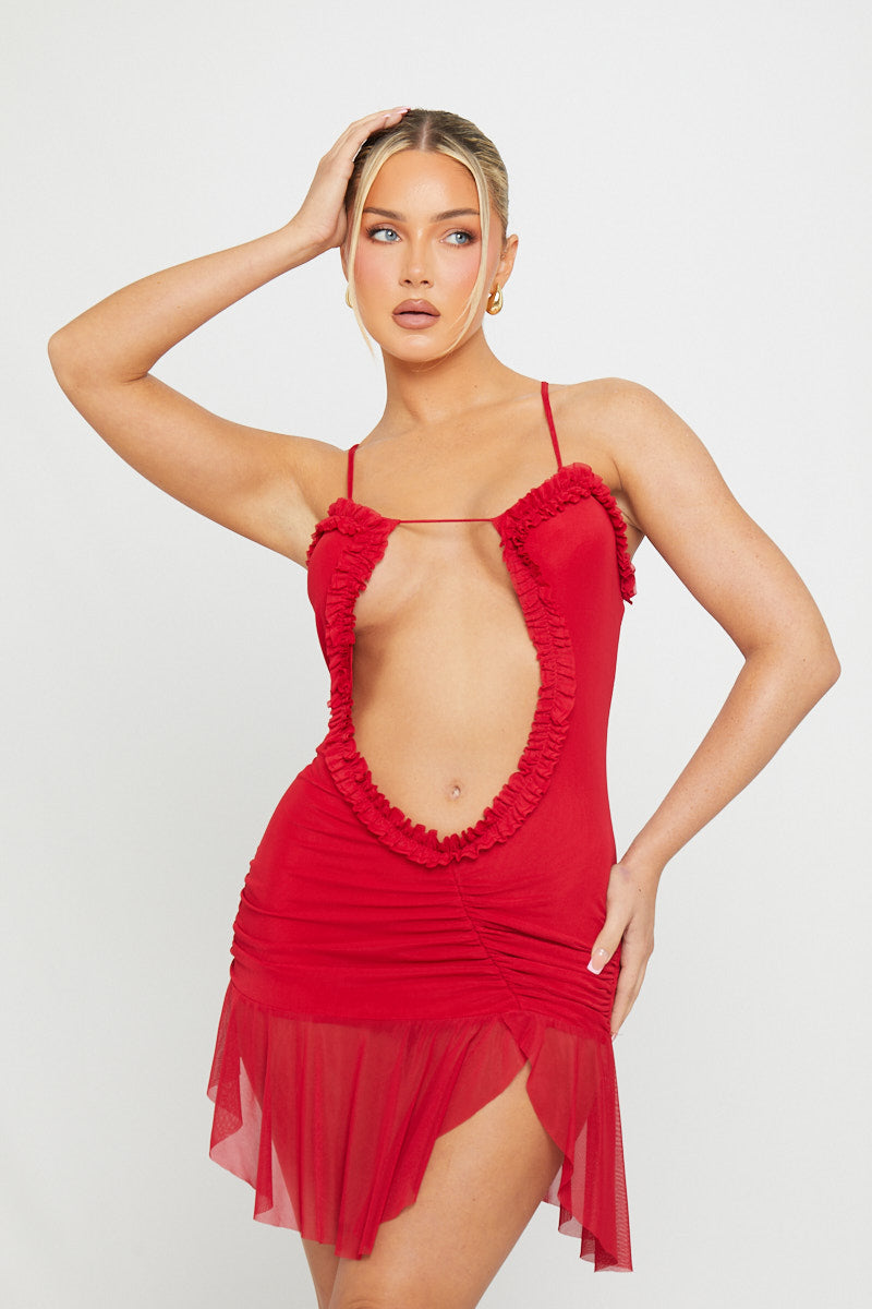 Red Mesh Cut Out Frill Detail Mini Dress