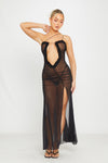 Black Mesh Cut Out Frill Ruched Maxi Dress