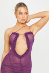 Purple Mesh Cut Out Frill Ruched Maxi Dress