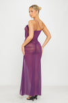 Purple Mesh Cut Out Frill Ruched Maxi Dress