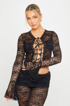 Black Sheer Lace Tie Front Top & Ruched Maxi Skirt