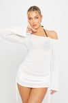 White Sheer One Shoulder Ruched Mini Dress