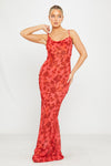 Red Floral Print Sheer Cowl Neck Tie Back Maxi Dress