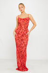 Red Floral Print Sheer Cowl Neck Tie Back Maxi Dress